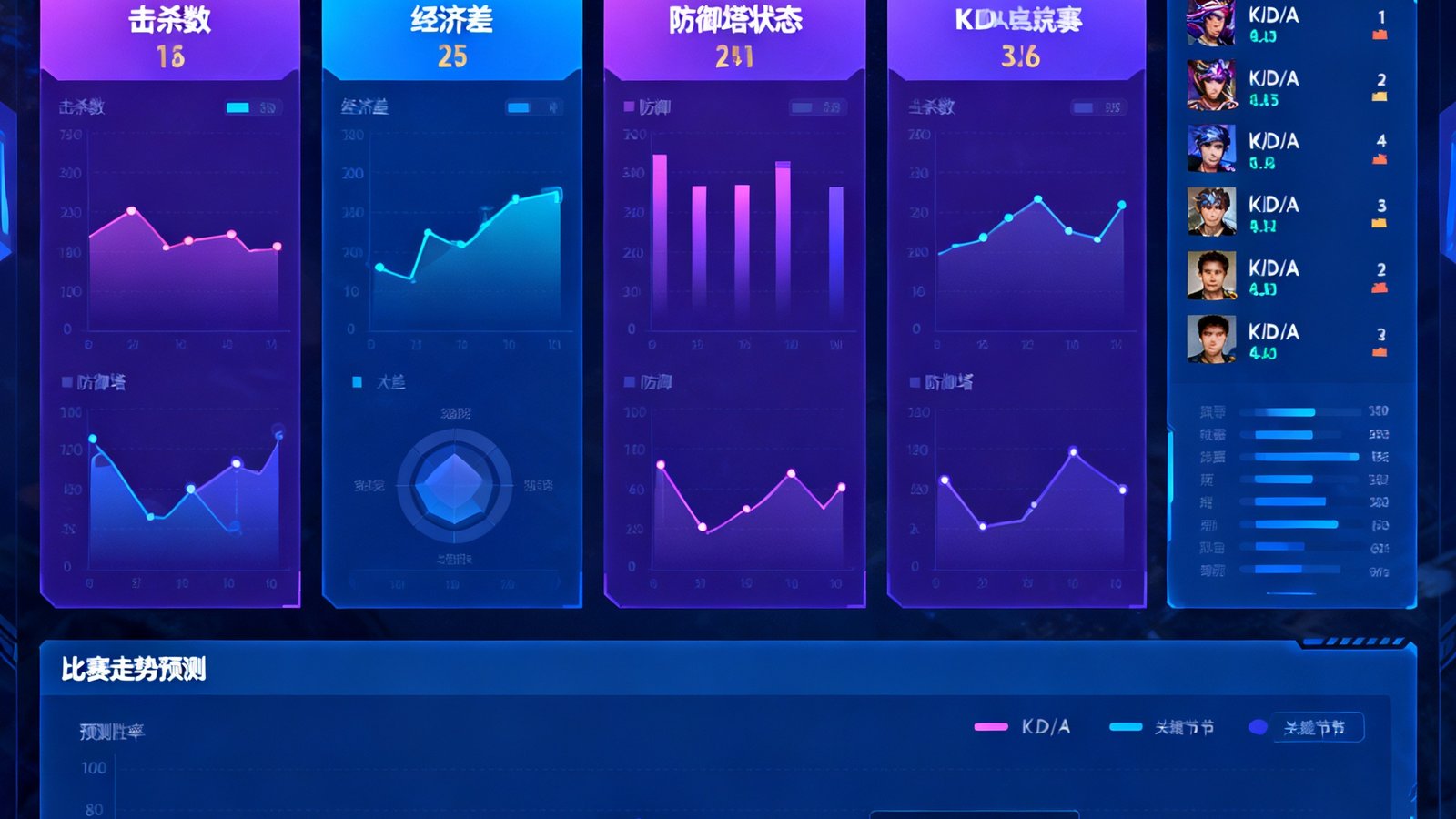 华体会电子竞技数据服务中心界面，展示英雄联盟、DOTA2等热门电竞赛事实时数据、选手KDA统计与比赛走势预测