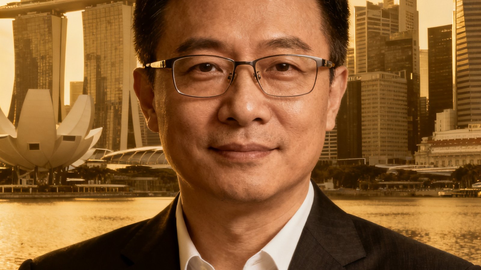 华体会创始人陈志远肖像，一位戴着眼镜的亚洲男性，背景是新加坡滨海湾天际线，他曾是硅谷大数据架构师